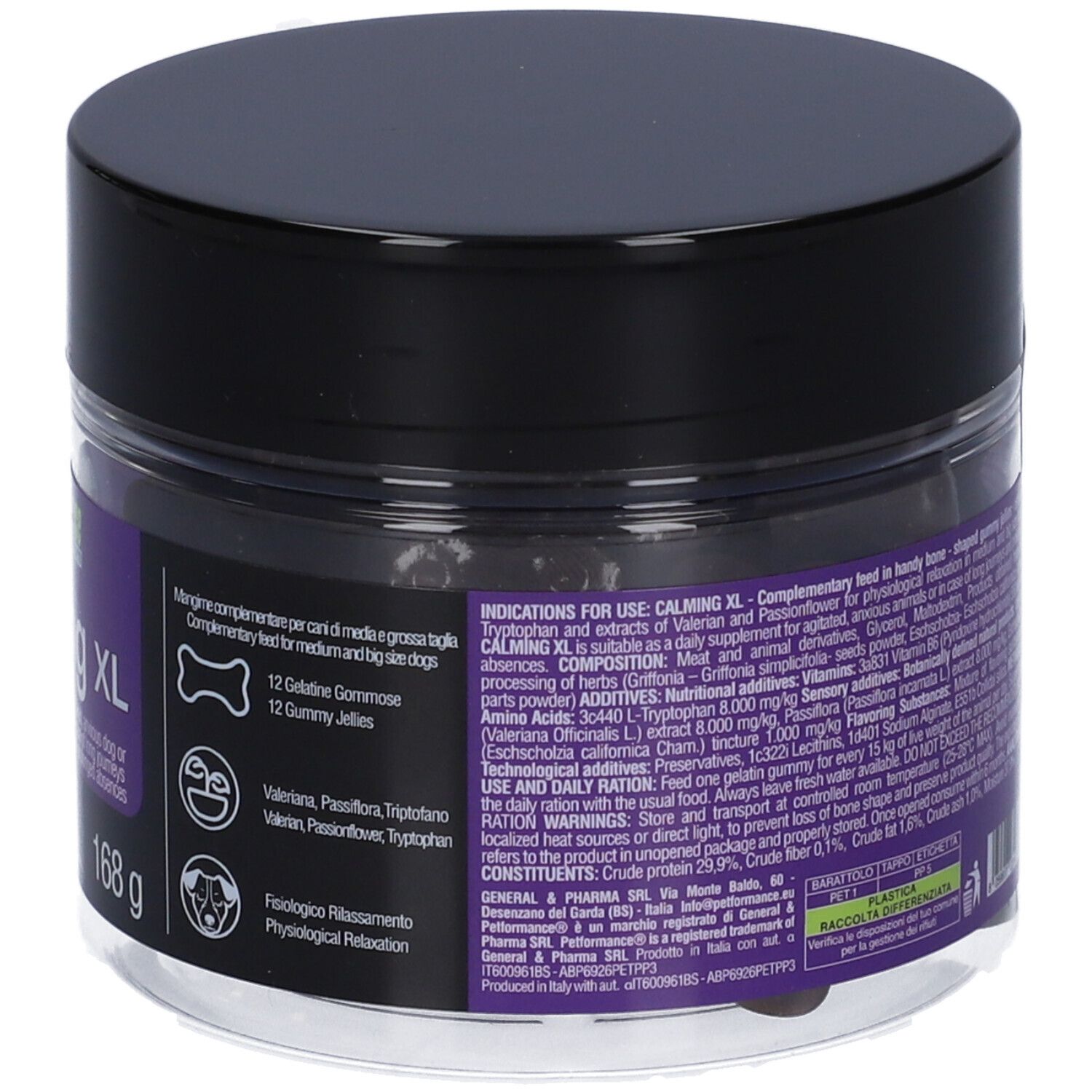 Retro del barattolo Petformance Calming XL. Testo con ingredienti e avvertenze. Barattolo trasparente con coperchio nero.
