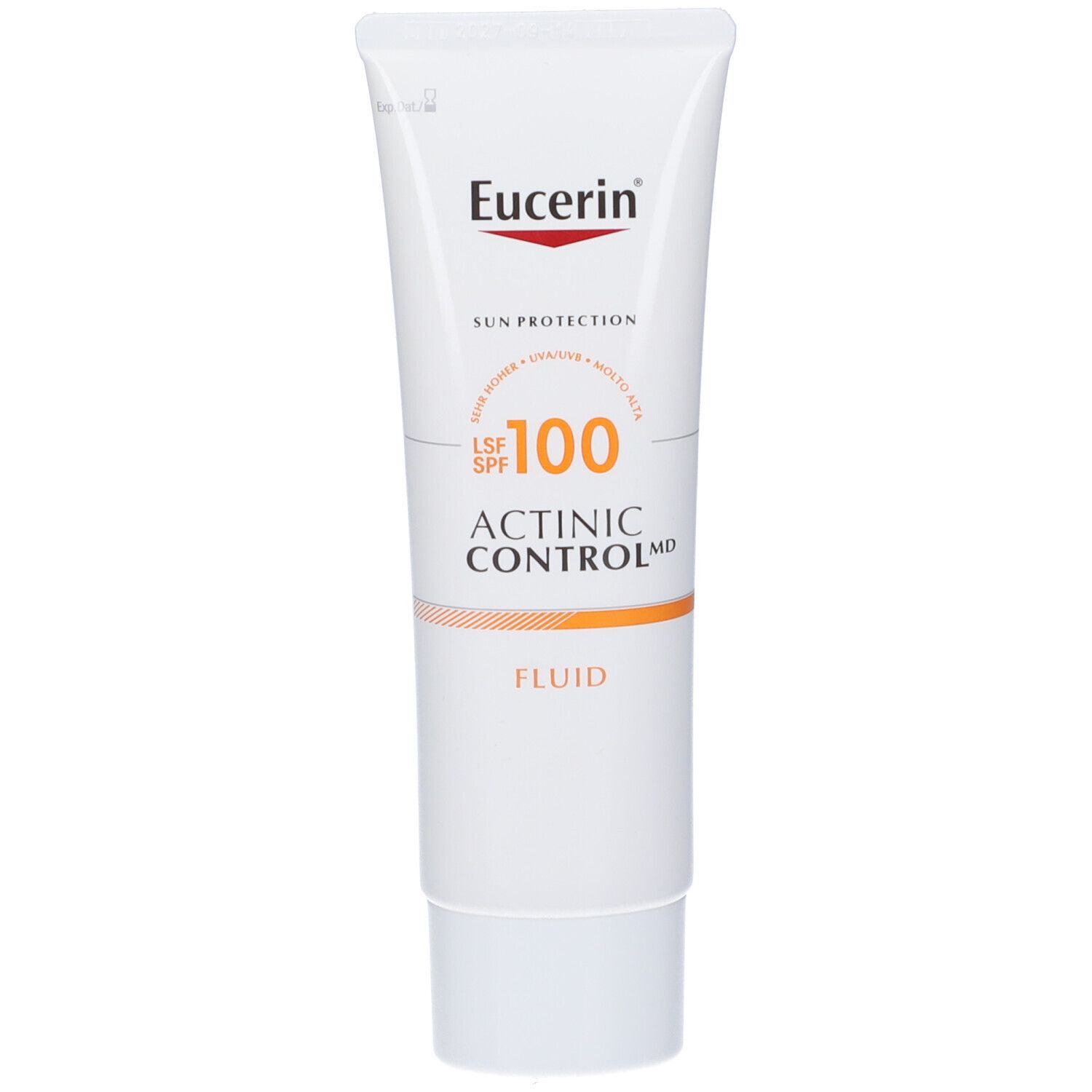 Tubo bianco con logo Eucerin rosso. Testo: Sun Protection, SPF 100, Actinic Control MD, Fluid.