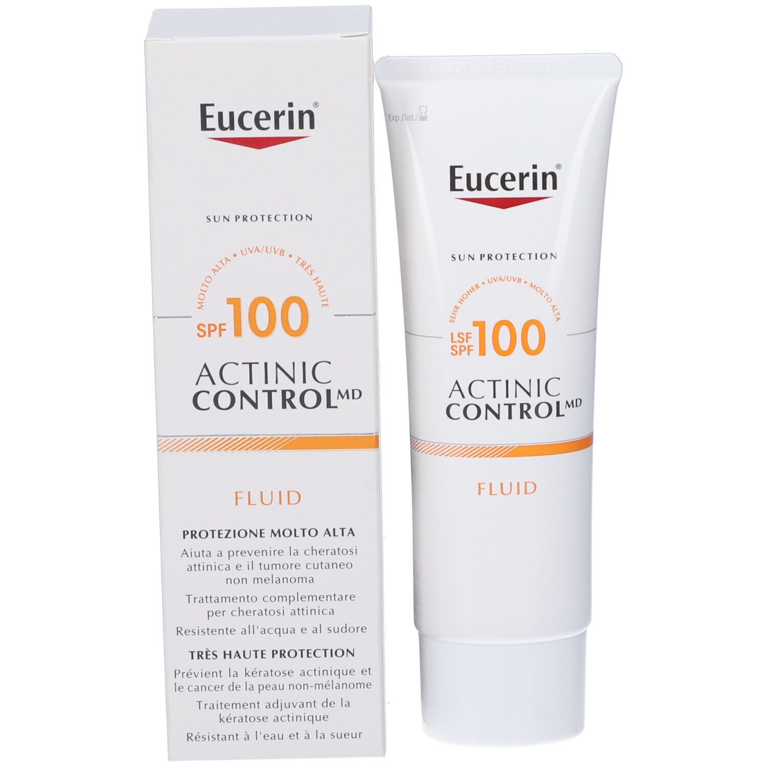 Confezione del prodotto con tubo e scatola. Logo Eucerin, Sun Protection, SPF 100, Actinic Control MD, Fluid.