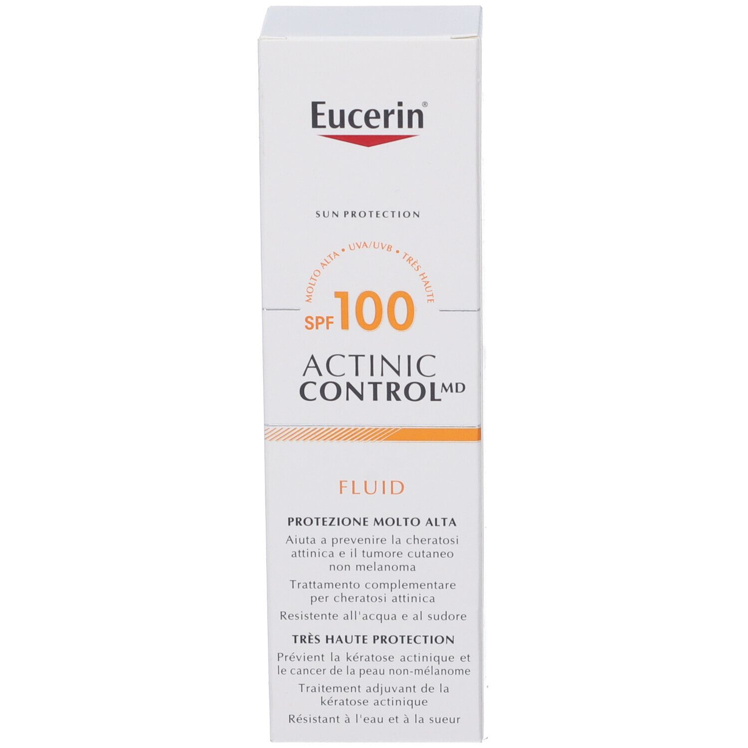 Scatola bianca con logo Eucerin. Testo: Sun Protection, SPF 100, Actinic Control MD, Fluid. Protezione dal cancro della pelle.
