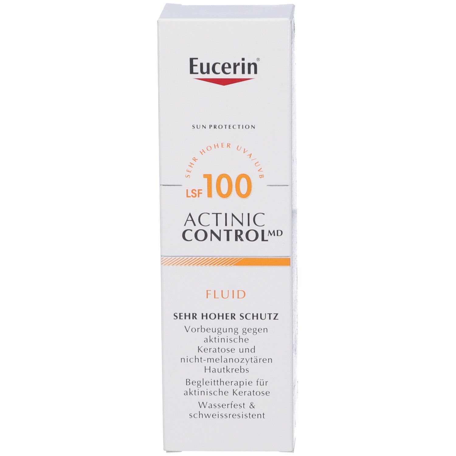 Scatola bianca con logo Eucerin. Testo: Protezione molto alta, SPF 100, Actinic Control MD, Fluid. Prevenzione del cancro della pelle.
