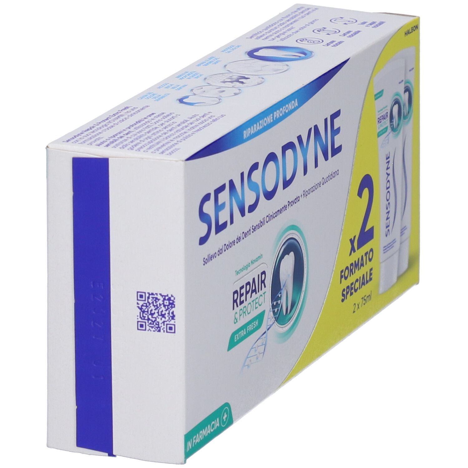 Confezione di dentifricio Sensodyne Repair & Protect Extra Fresh. Confezione bianca con striscia blu e codice QR.