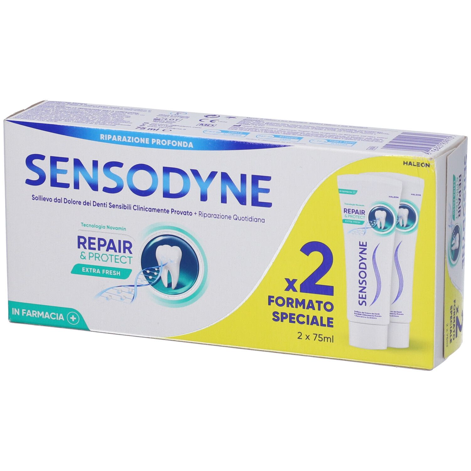 Confezione di dentifricio Sensodyne Repair & Protect Extra Fresh. Contiene due tubi. Confezione bianca, blu e gialla.