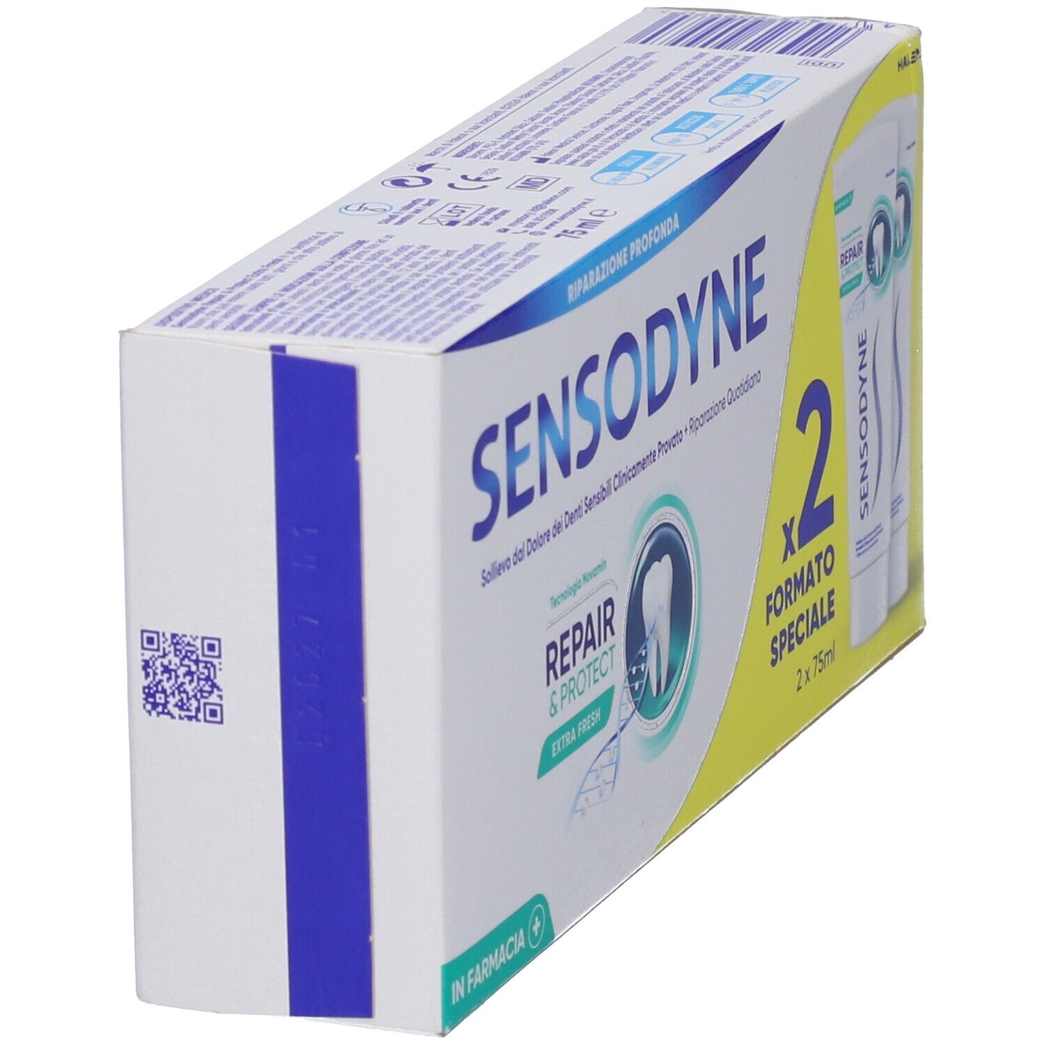 Confezione di dentifricio Sensodyne Repair & Protect Extra Fresh. Confezione bianca con striscia blu e codice QR.