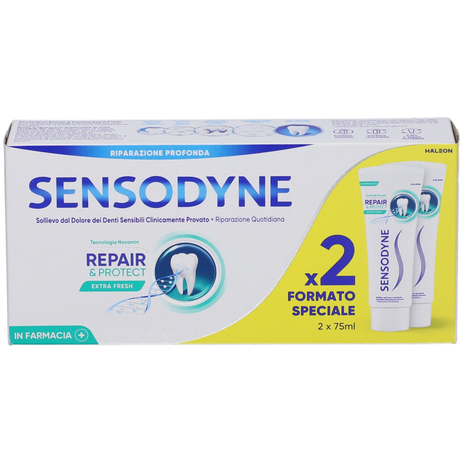 Confezione di dentifricio Sensodyne Repair & Protect Extra Fresh. Contiene due tubi. Confezione bianca, blu e gialla.