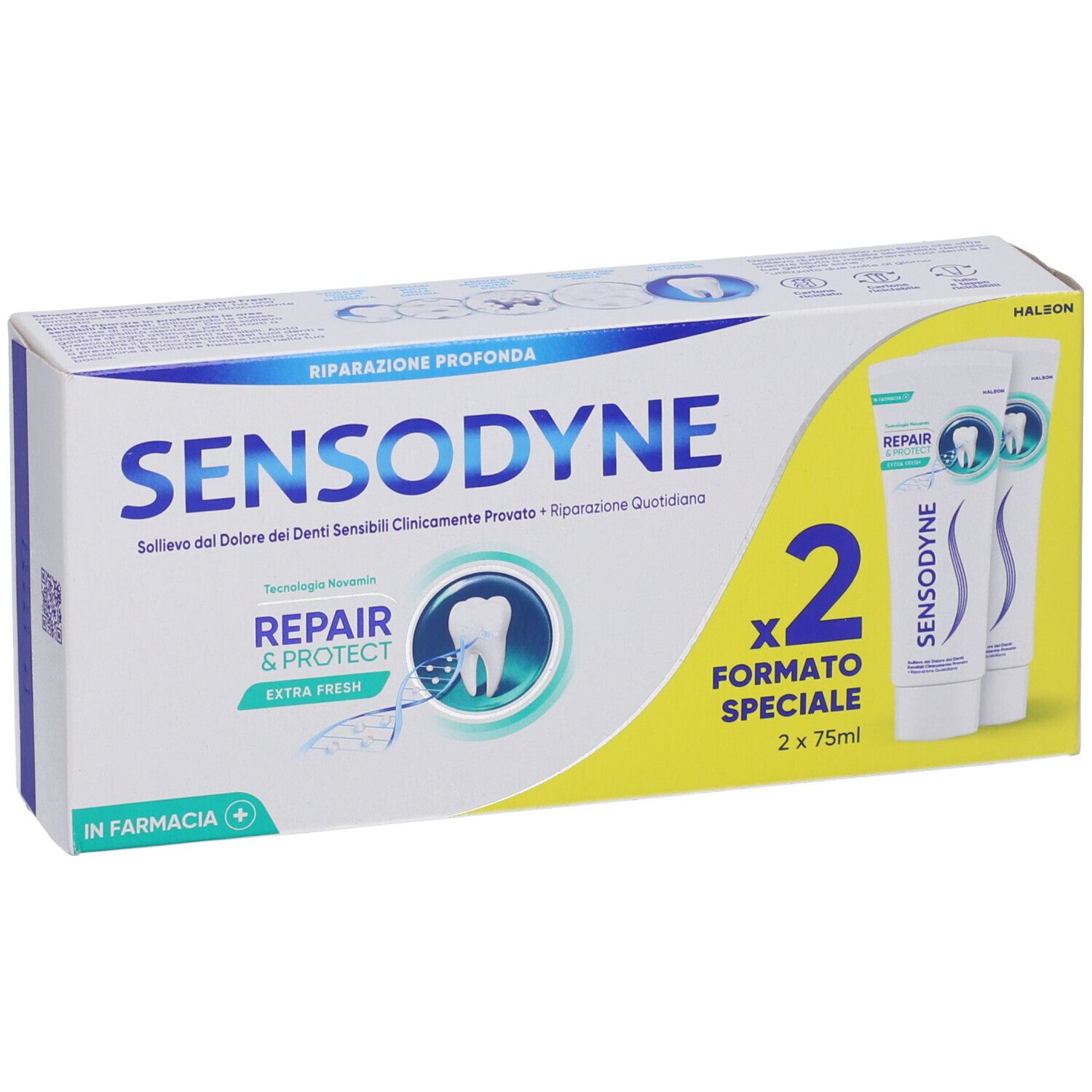 Confezione di dentifricio Sensodyne Repair & Protect Extra Fresh. Contiene due tubi. Confezione bianca, blu e gialla.