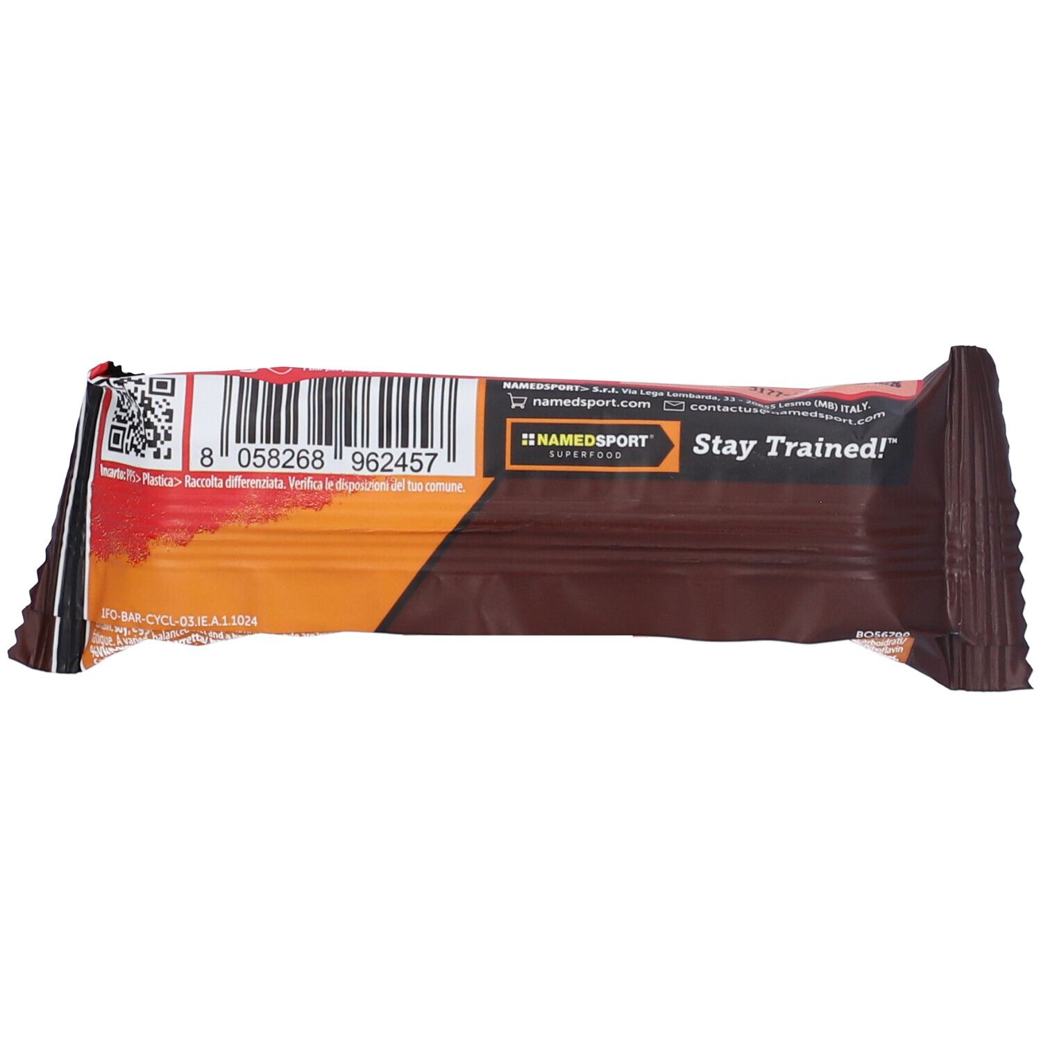 Retro della barretta RaceFuel. Codice a barre e testo: Stay Trained! Logo NAMEDSPORT. Confezione marrone e arancione.