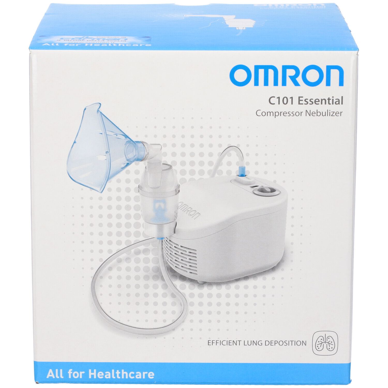 Scatola Omron C101 Essential. Nebulizzatore a compressore. Scritta "All for Healthcare". Immagine del dispositivo.