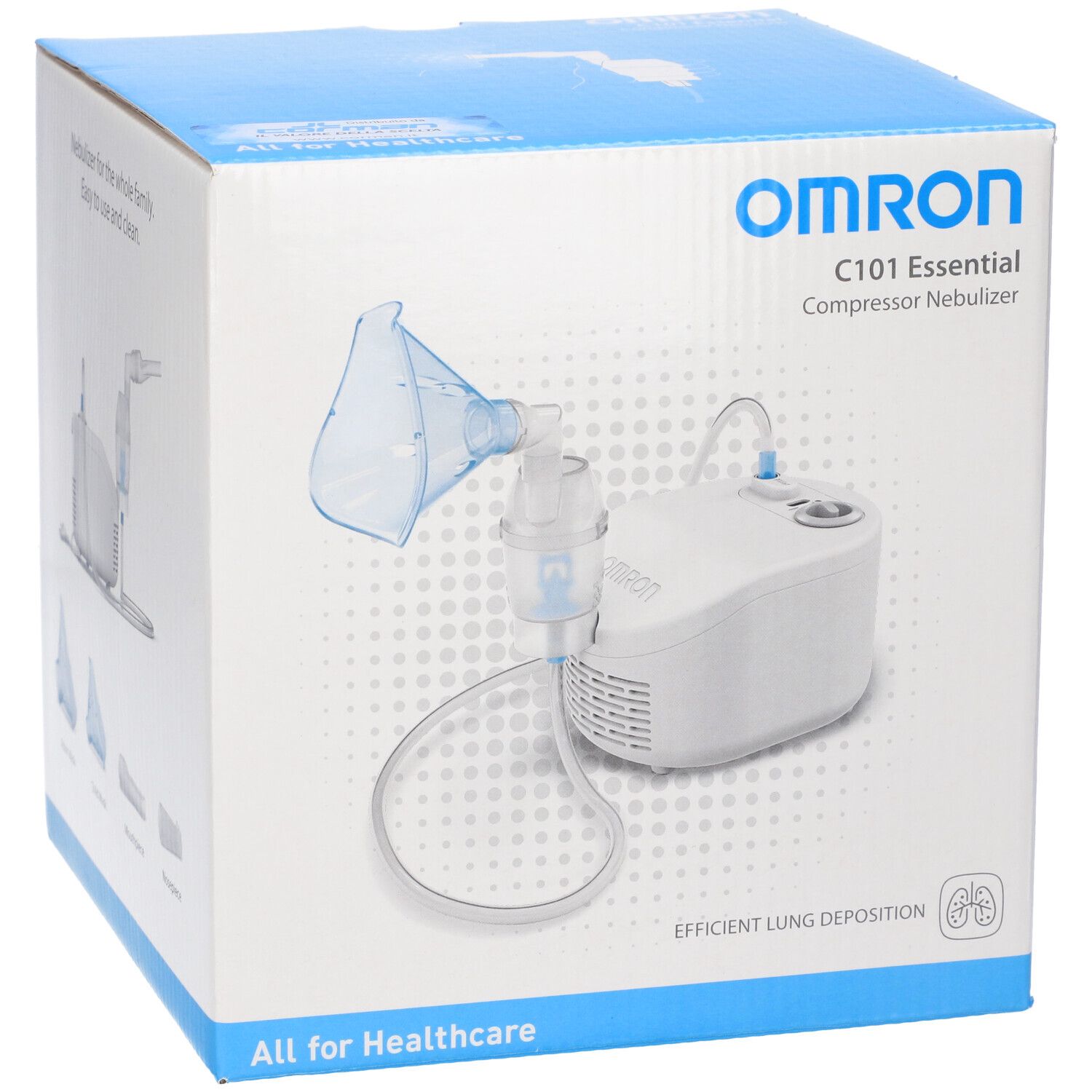 Scatola Omron C101 Essential. Nebulizzatore a compressore. Scritta "All for Healthcare". Immagine del dispositivo.