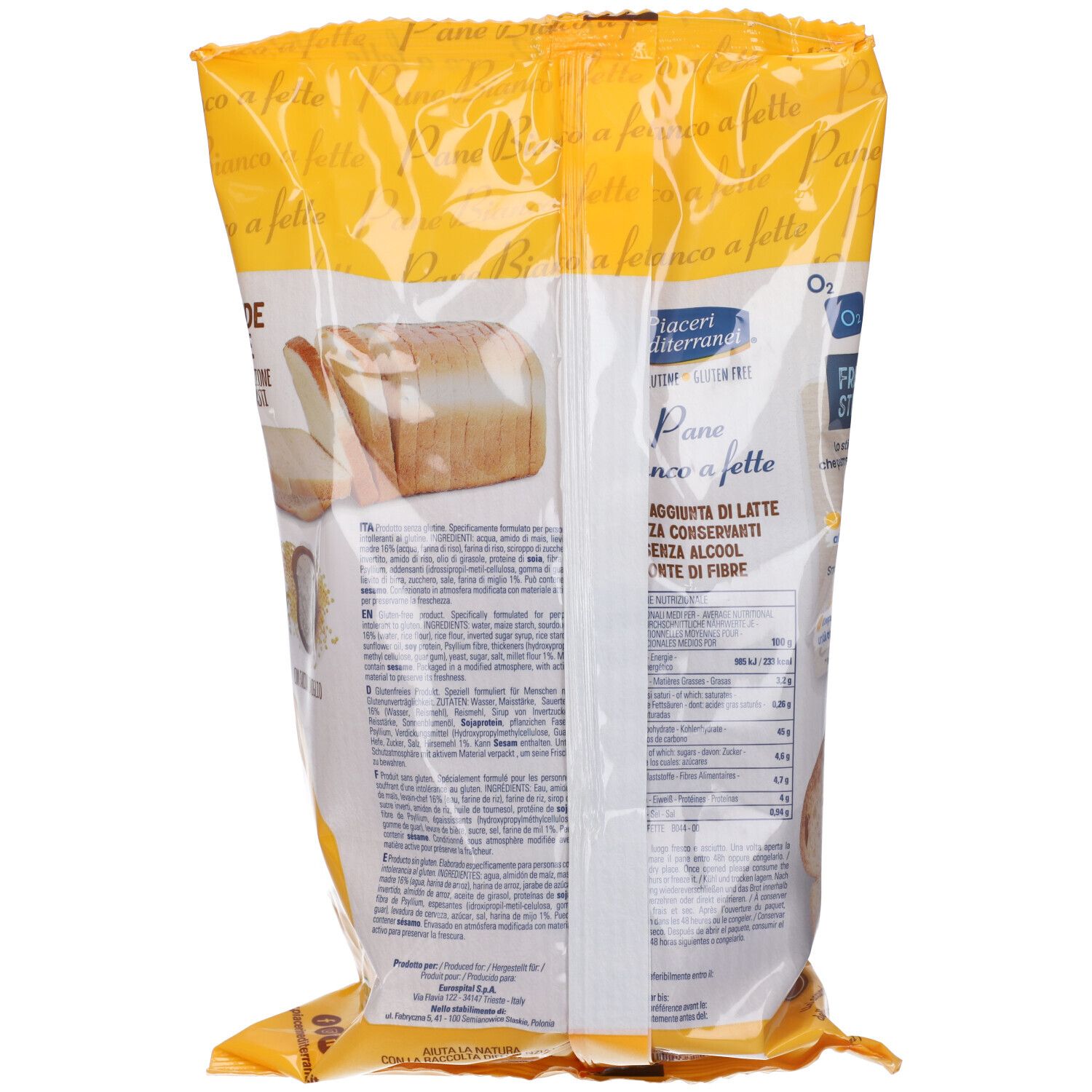 Retro della confezione Piaceri Mediterranei Pane Bianco a Fette Senza Glutine, con informazioni nutrizionali.