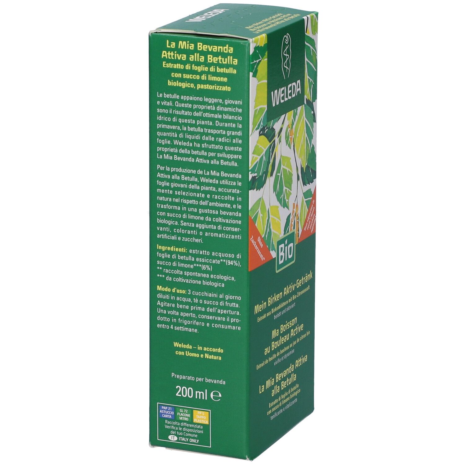 Vista laterale della confezione verde. Testo in tedesco e italiano. Logo Weleda e marchio Bio. Descrizione del prodotto e ingredienti.