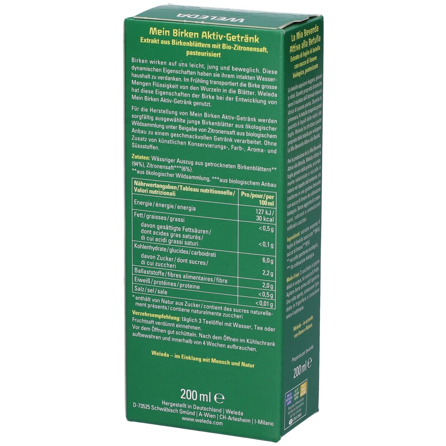 Retro della confezione verde. Testo in tedesco. Informazioni nutrizionali e informazioni sul prodotto. Logo Weleda e marchio Bio.