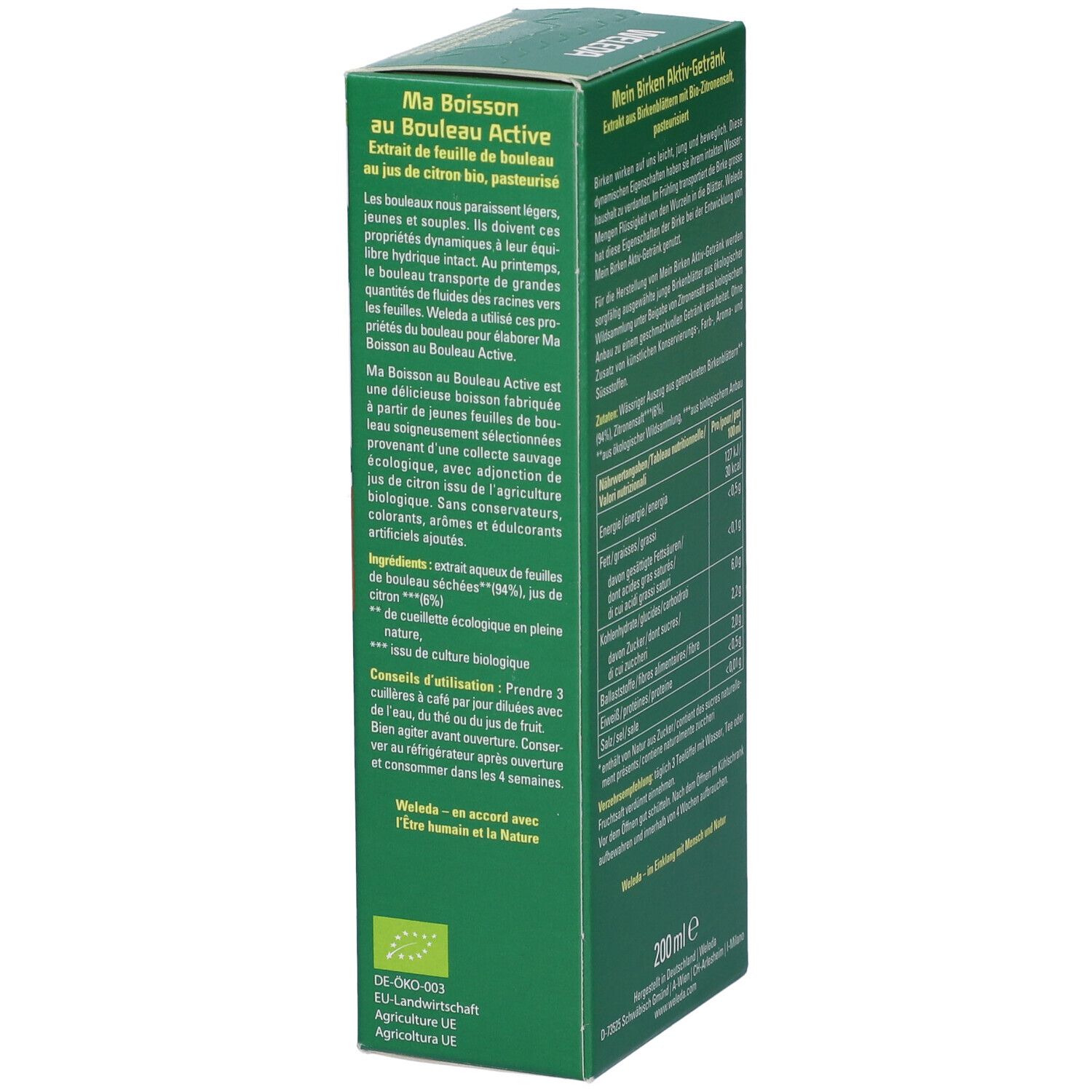 Vista laterale della confezione verde. Testo in francese. Descrizione del prodotto e istruzioni per l'uso. Logo Weleda e marchio Bio.