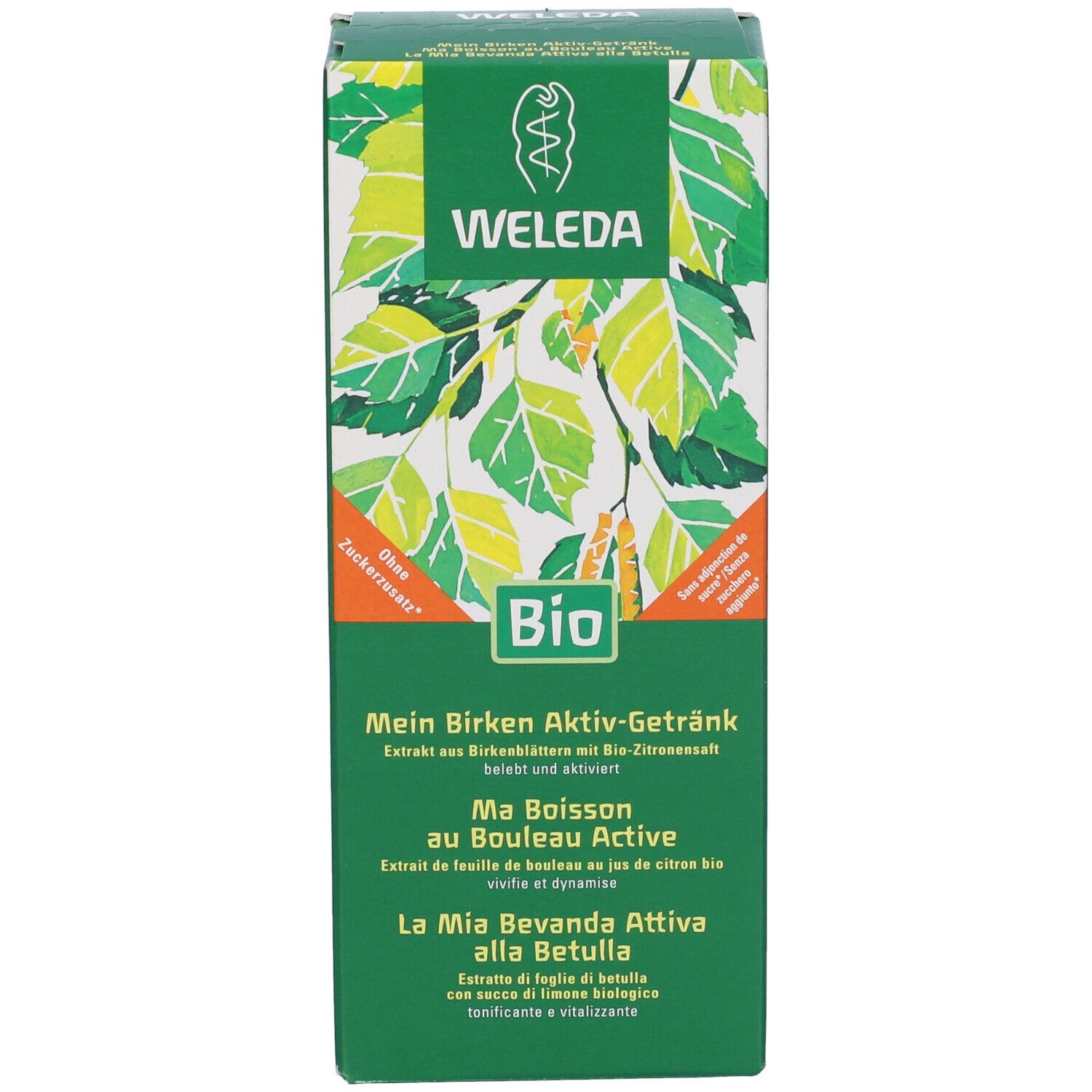 Confezione verde con nome del prodotto e marchio Bio. Logo Weleda e illustrazione di foglie di betulla. Testo in tedesco, francese e italiano.