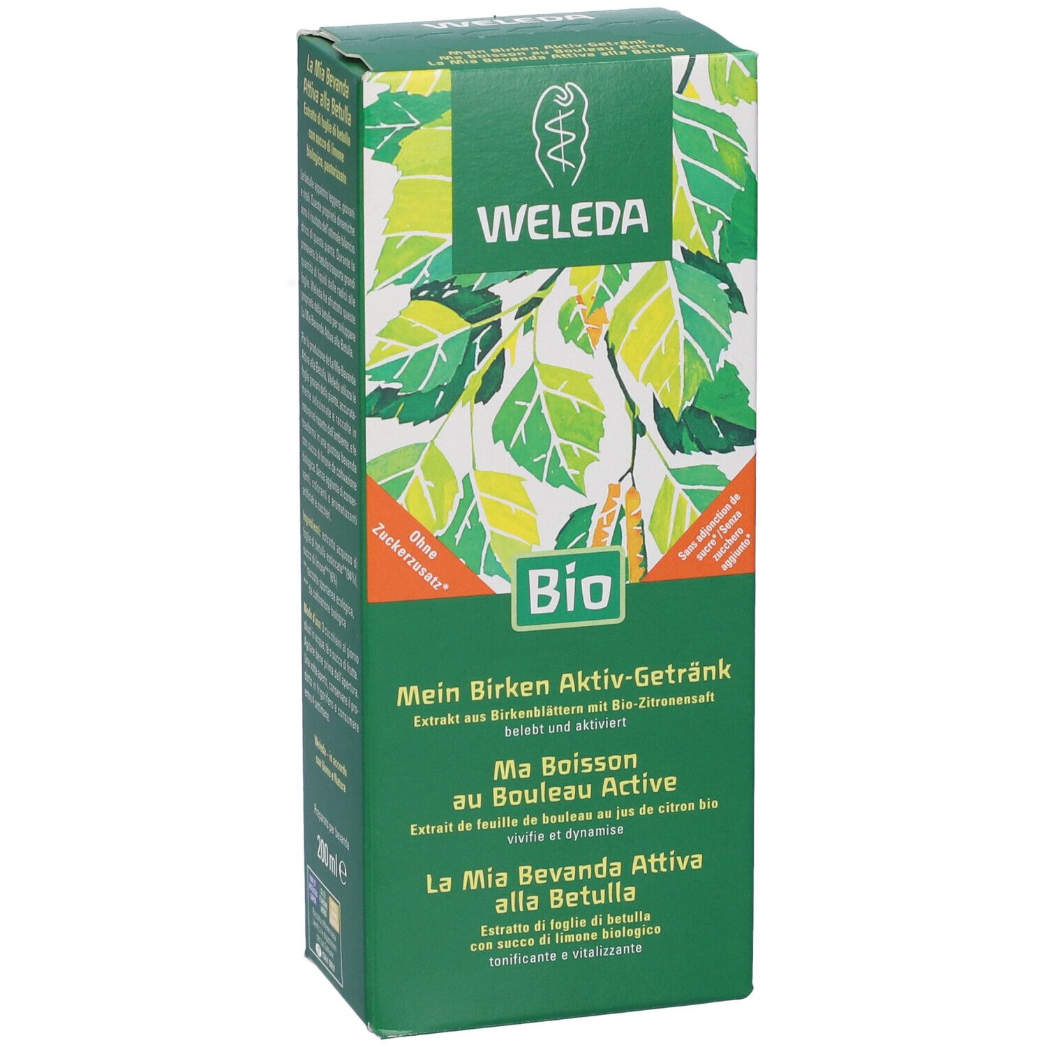 Confezione verde con nome del prodotto e marchio Bio. Logo Weleda e illustrazione di foglie di betulla. Testo in tedesco, francese e italiano.