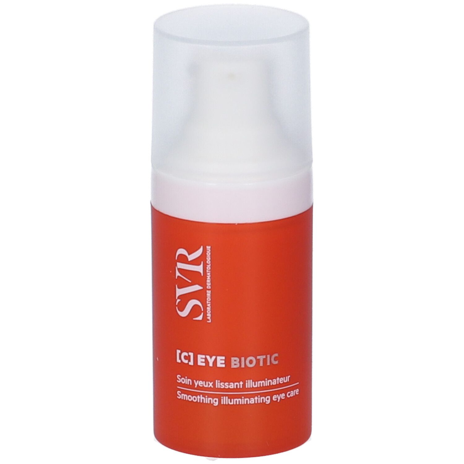 Flacone arancione con tappo bianco. Scritte: SVR, [C] EYE BIOTIC. Testo: Smoothing illuminating eye care.
