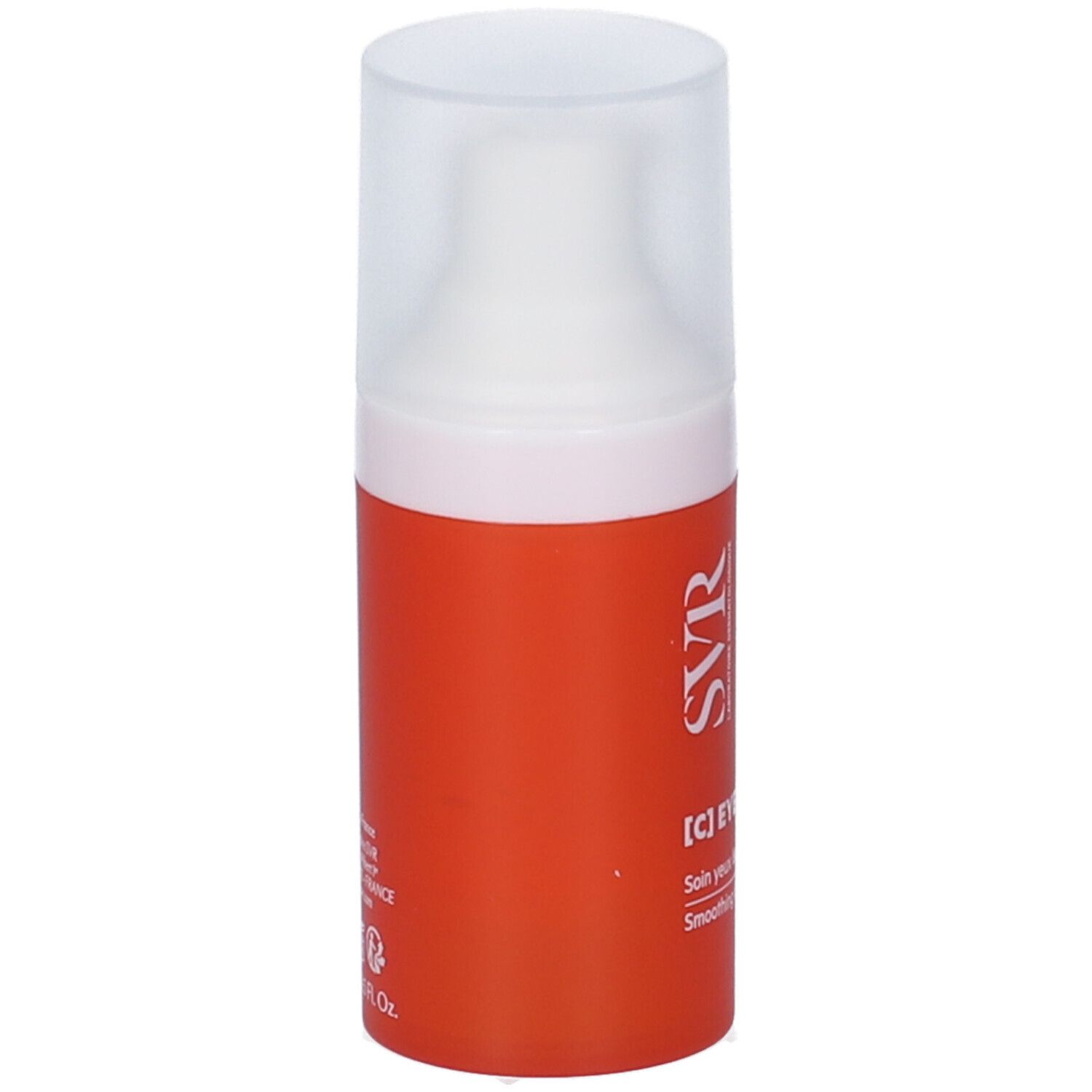 Flacone arancione con tappo bianco. Scritte: SVR, [C] EYE BIOTIC. Testo: Smoothing illuminating eye care.