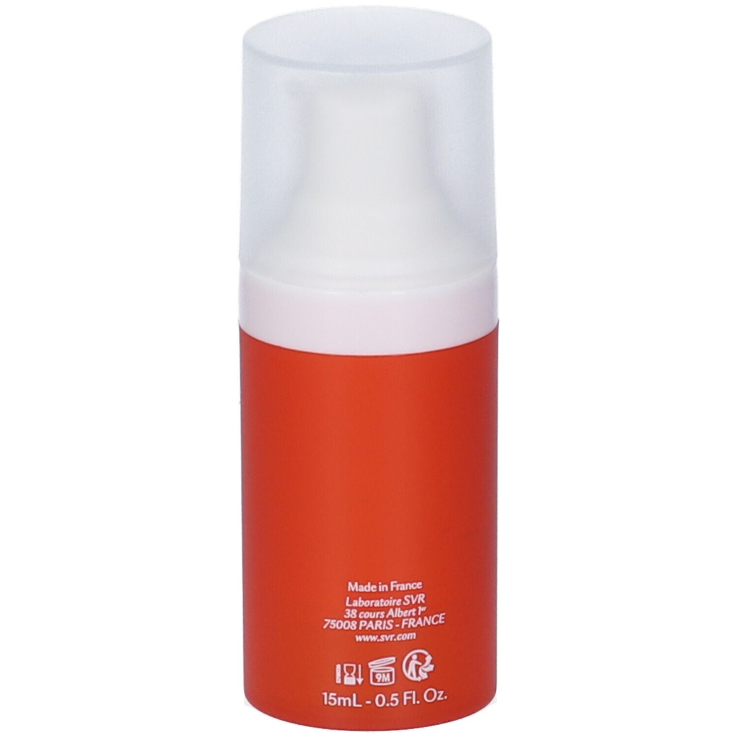 Flacone arancione con tappo bianco. Scritte: SVR, [C] EYE BIOTIC. Testo: Smoothing illuminating eye care.