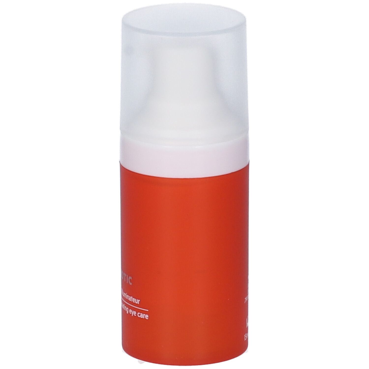 Flacone arancione con tappo bianco. Scritte: SVR, [C] EYE BIOTIC. Testo: Smoothing illuminating eye care.