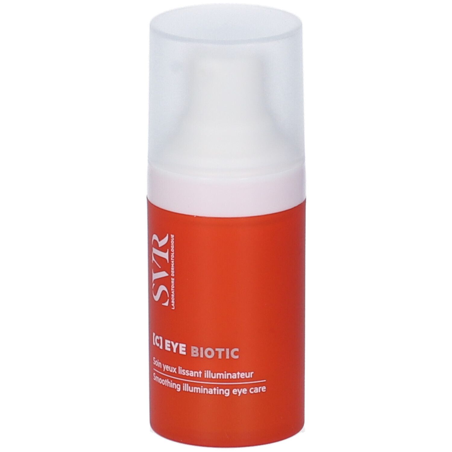 Flacone arancione con tappo bianco. Scritte: SVR, [C] EYE BIOTIC. Testo: Smoothing illuminating eye care.