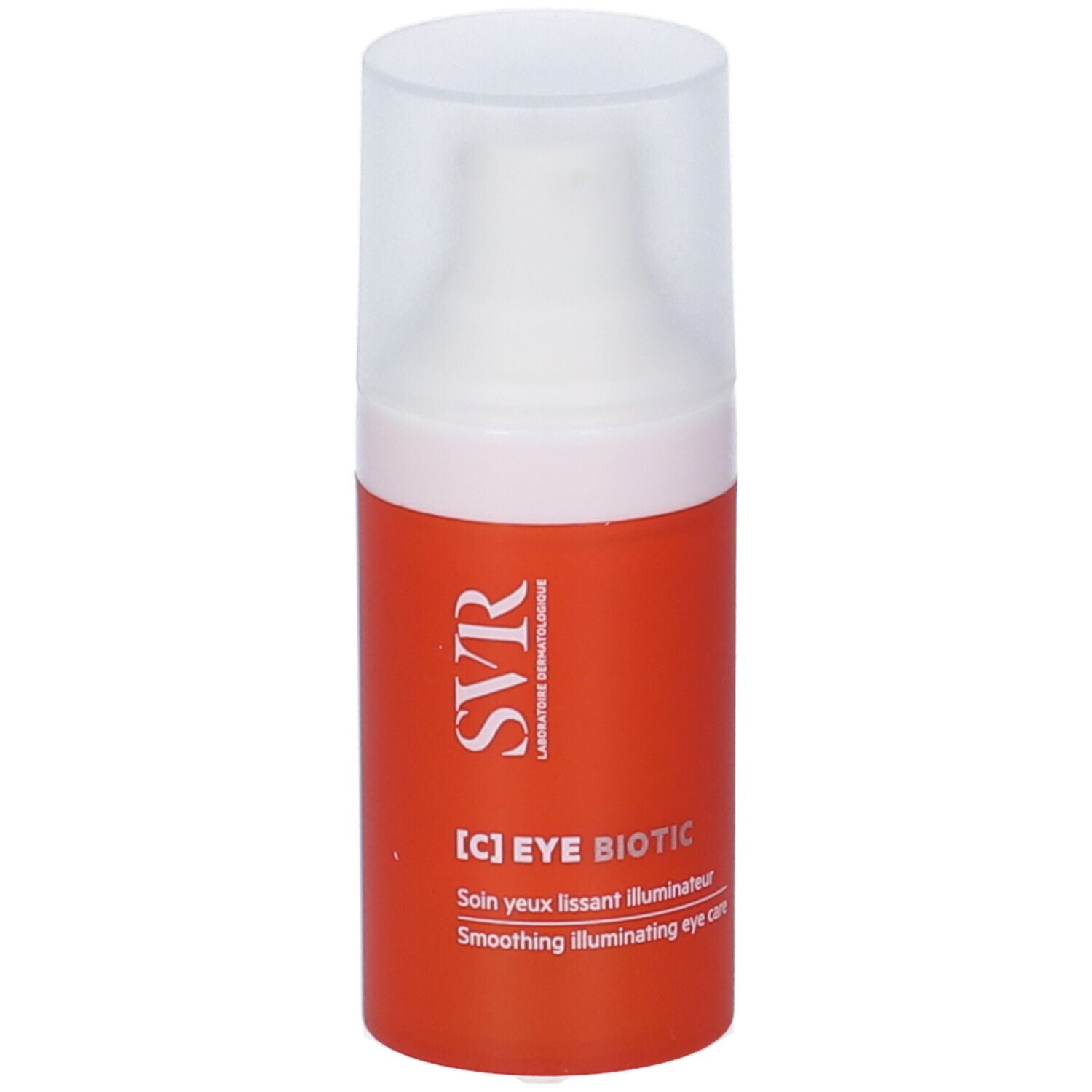 Flacone arancione con tappo bianco. Scritte: SVR, [C] EYE BIOTIC. Testo: Smoothing illuminating eye care.