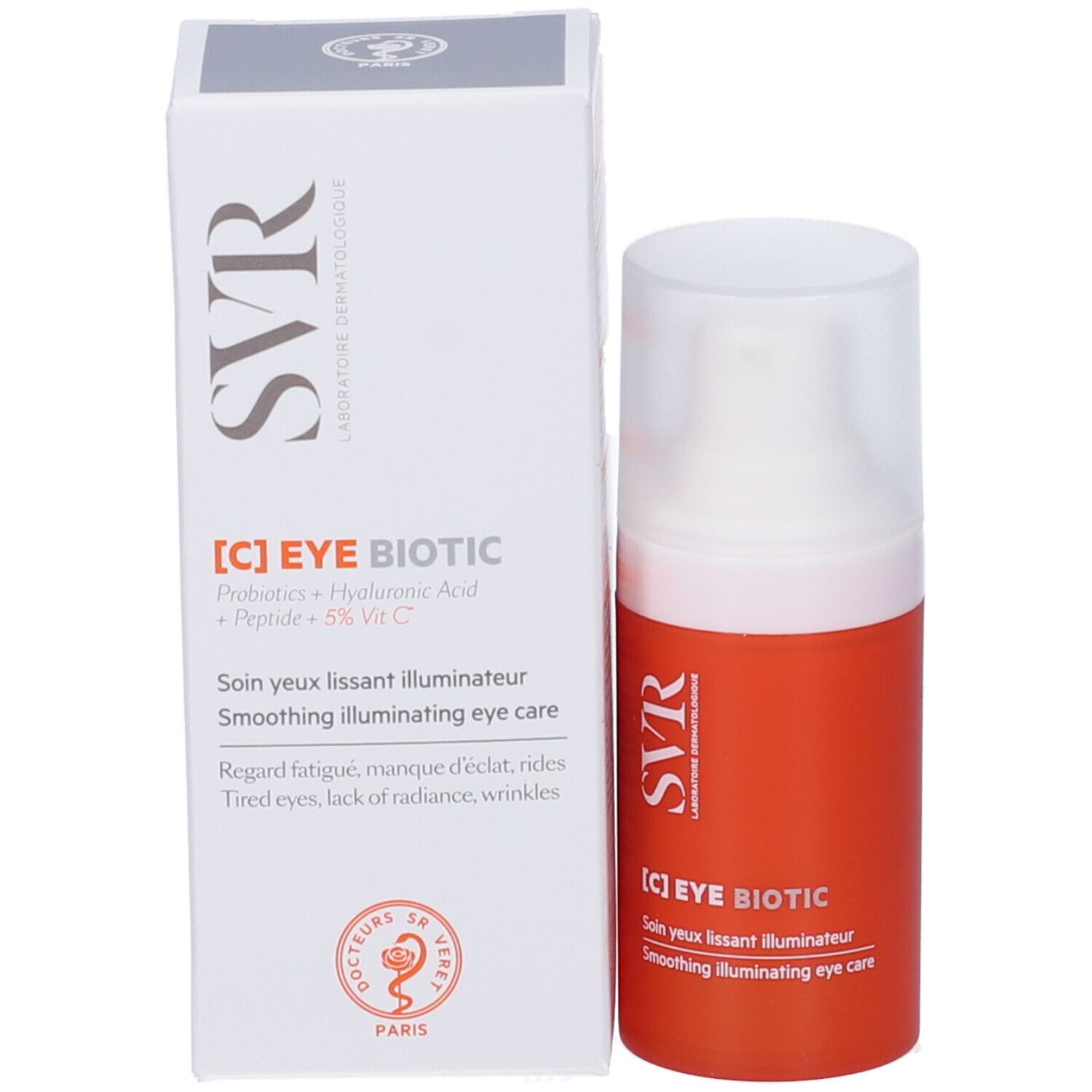 Flacone arancione e confezione. Scritte: SVR, [C] EYE BIOTIC. Testo: Smoothing illuminating eye care. Scatola con logo.
