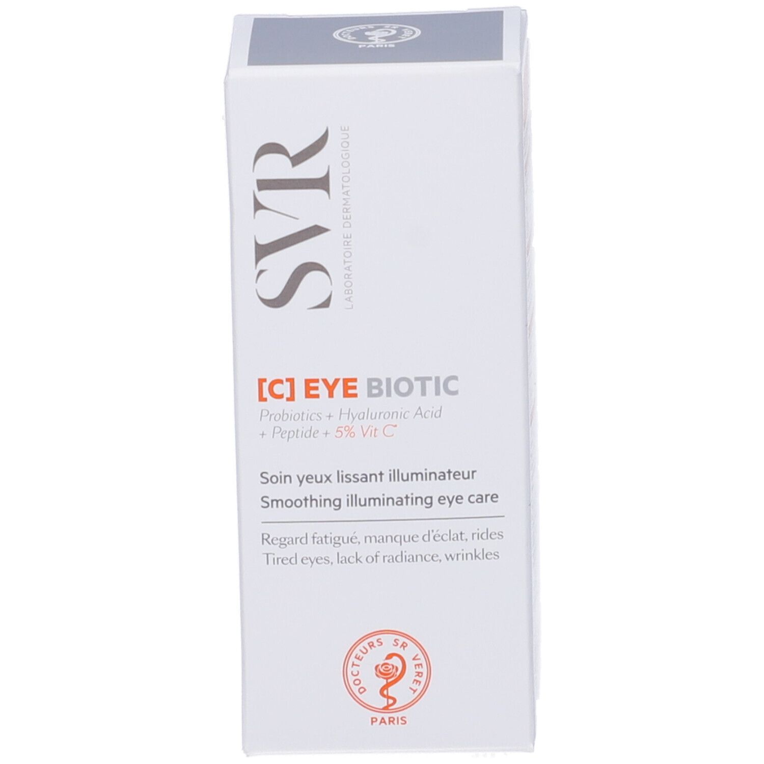 Confezione bianca con flacone. Scritte: SVR, [C] EYE BIOTIC. Testo: Smoothing illuminating eye care. Logo e testo.