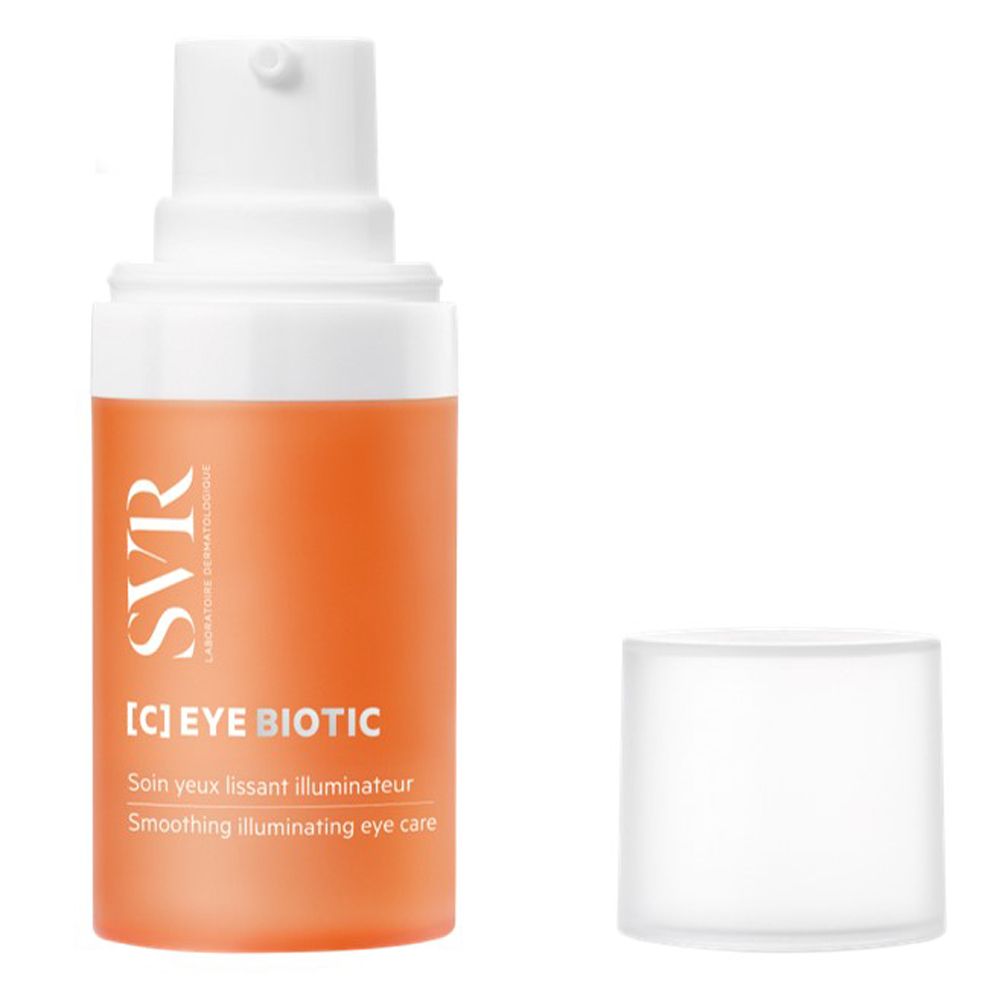 Flacone arancione con tappo bianco. Tappo accanto. Scritte: SVR, [C] EYE BIOTIC. Testo: Smoothing illuminating eye care.