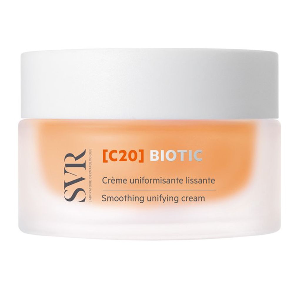 Vasetto di crema con coperchio bianco. Scritta: [C20] BIOTIC, SVR. Crème uniformisante lissante, Smoothing unifying cream.