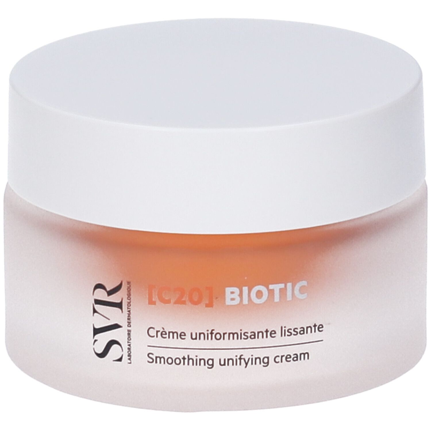 Vasetto di crema con coperchio bianco. Scritta: [C20] BIOTIC, SVR. Crème uniformisante lissante, Smoothing unifying cream.