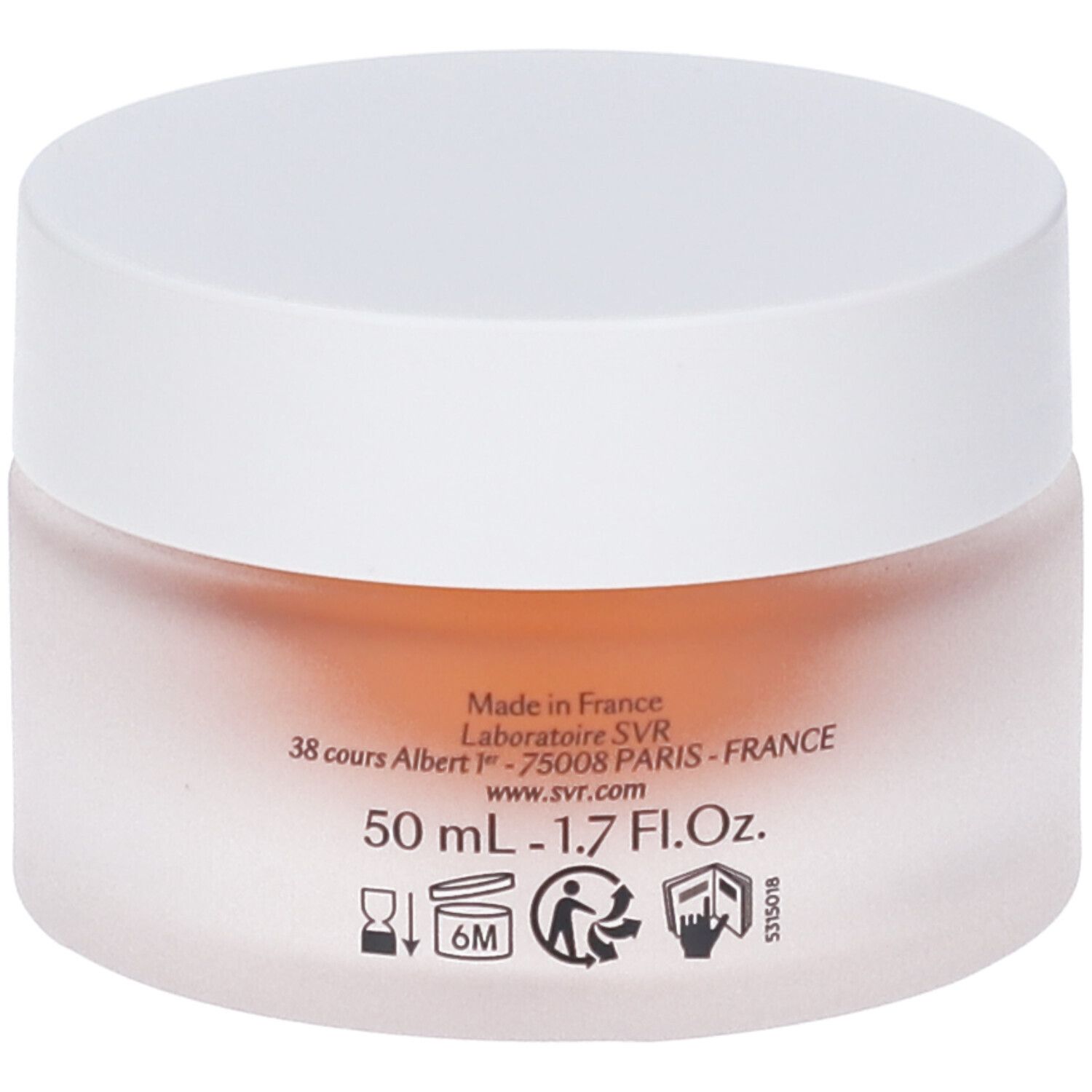 Vasetto di crema con coperchio bianco. Scritta: [C20] BIOTIC, SVR. Crème uniformisante lissante, Smoothing unifying cream.