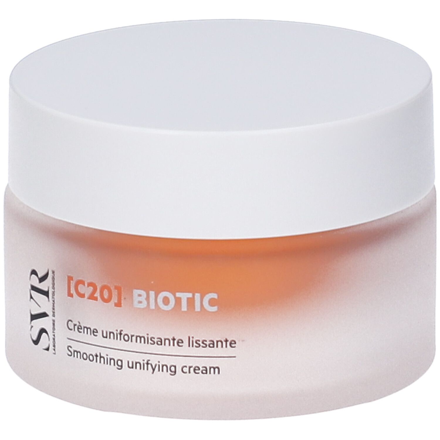 Vasetto di crema con coperchio bianco. Scritta: [C20] BIOTIC, SVR. Crème uniformisante lissante, Smoothing unifying cream.