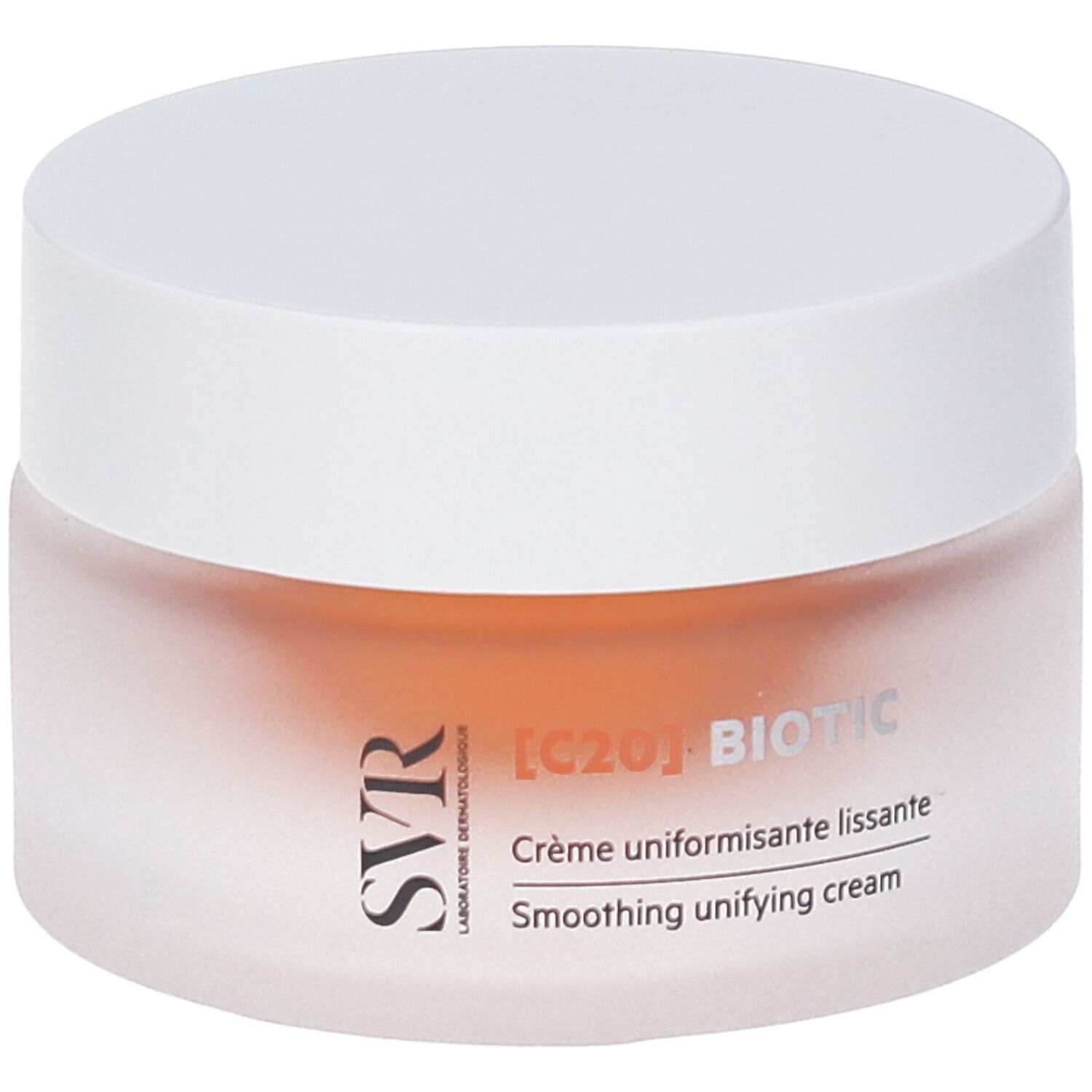 Vasetto di crema con coperchio bianco. Scritta: [C20] BIOTIC, SVR. Crème uniformisante lissante, Smoothing unifying cream.