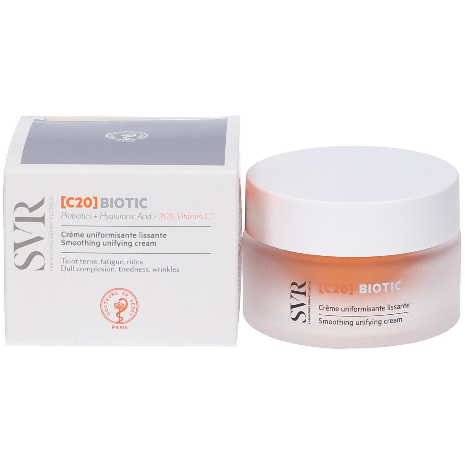 Vasetto di crema e confezione. Scritta: [C20] BIOTIC, SVR. Crème uniformisante lissante, Smoothing unifying cream.