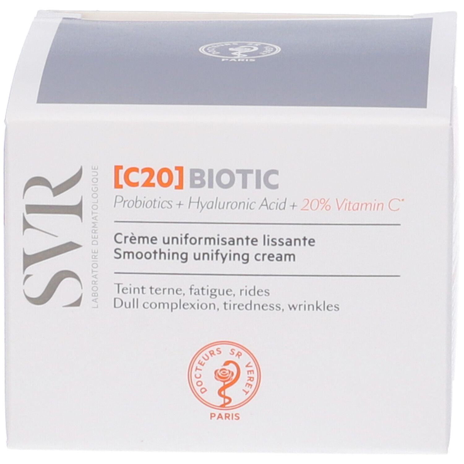 Confezione. Scritta: [C20] BIOTIC, SVR. Crème uniformisante lissante, Smoothing unifying cream.