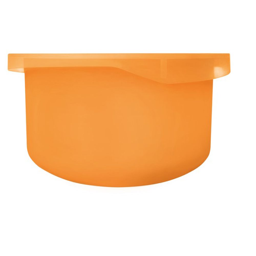 Contenitore arancione arrotondato con intaglio sul bordo superiore.
