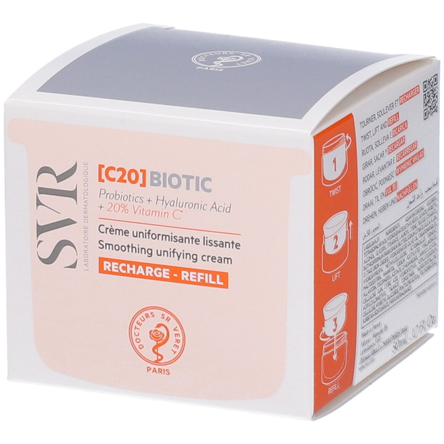 Confezione [C20] BIOTIC REFILL. Testo: Probiotics + Hyaluronic Acid + 20% Vitamin C.