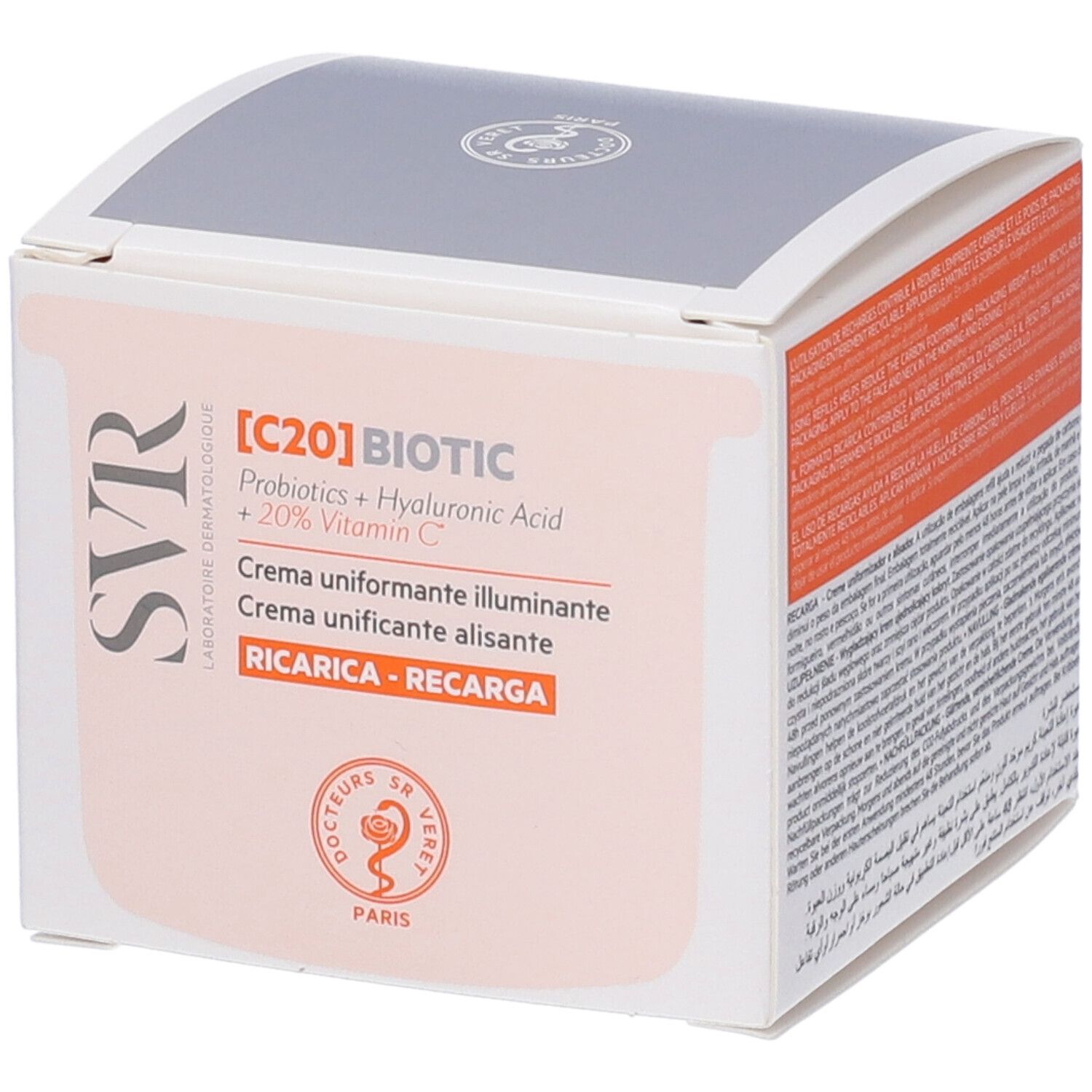 Confezione [C20] BIOTIC REFILL. Testo: Crema uniformante illuminante. Marchio SVR.