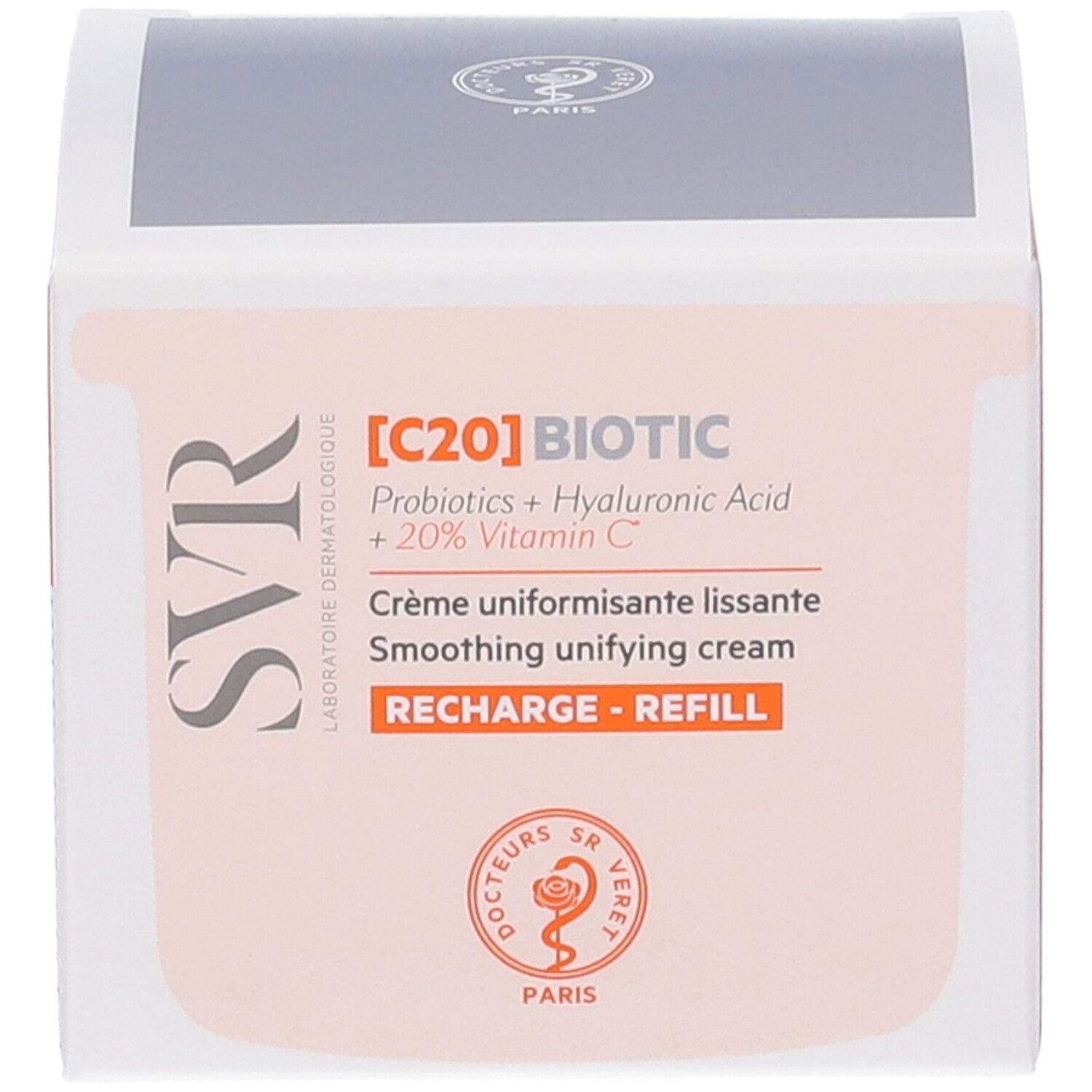 Confezione [C20] BIOTIC REFILL. Testo: Crema uniformisante lissante. Marchio SVR.