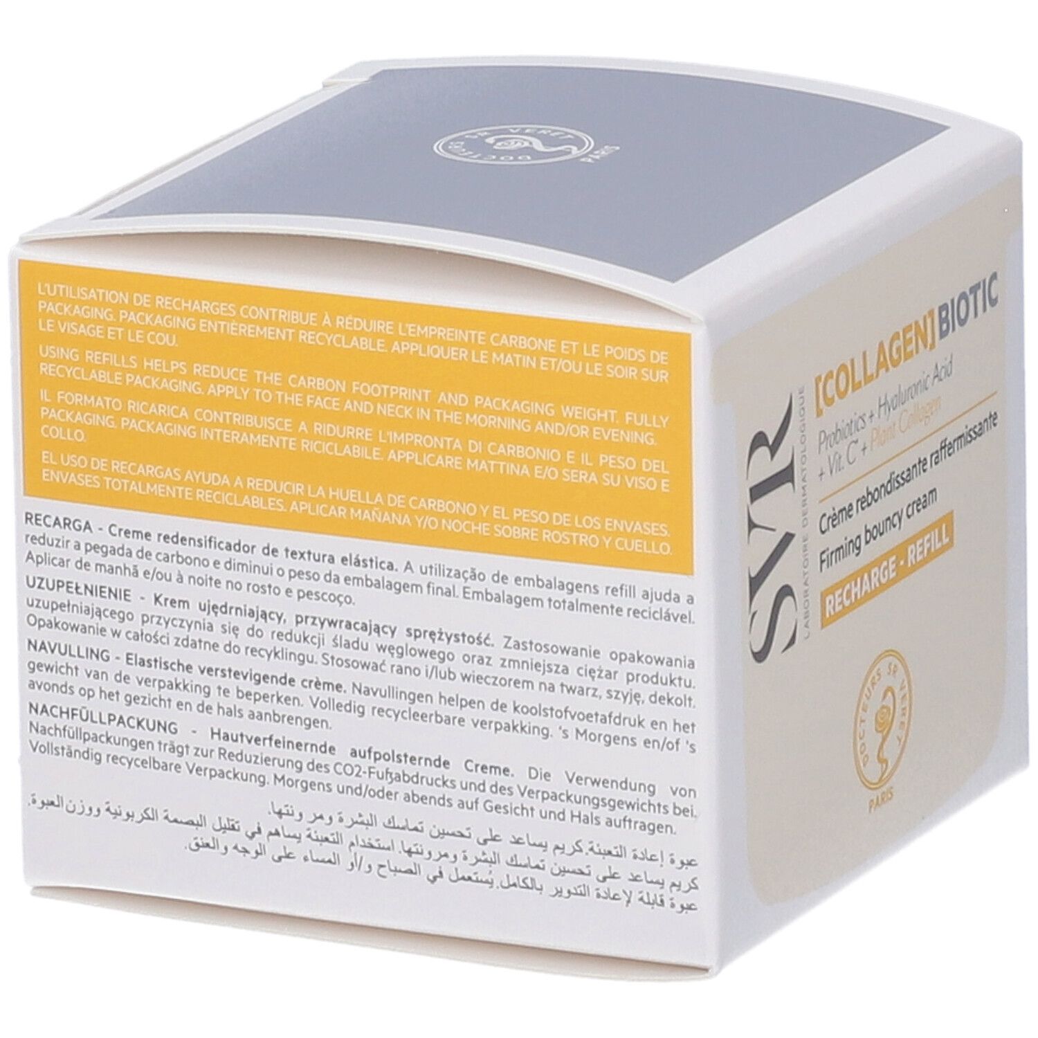 Scatola bianca con informazioni sul prodotto. Scritto: [COLLAGEN] BIOTIC, RECHARGE - REFILL.