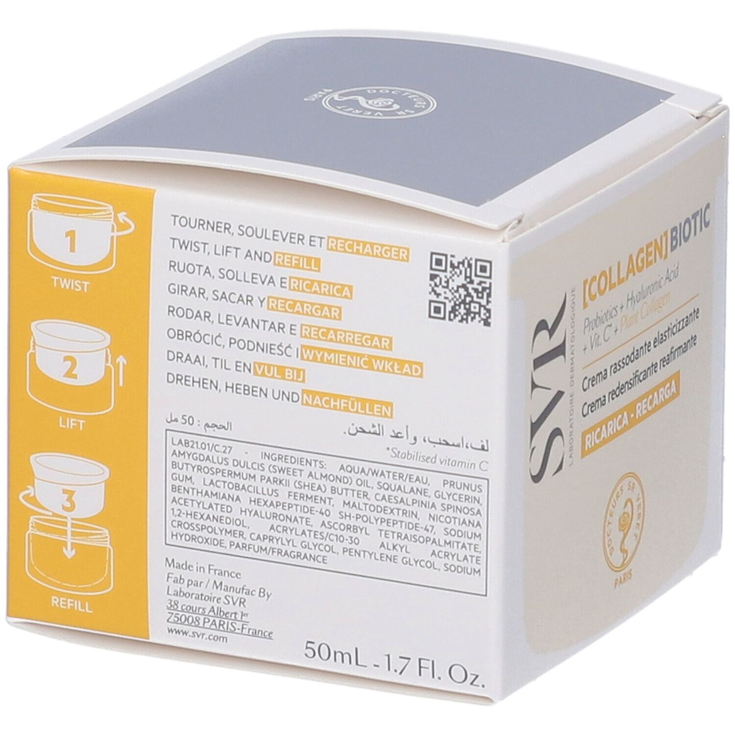 Scatola bianca con informazioni sul prodotto. Scritto: [COLLAGEN] BIOTIC, RECHARGE - REFILL.