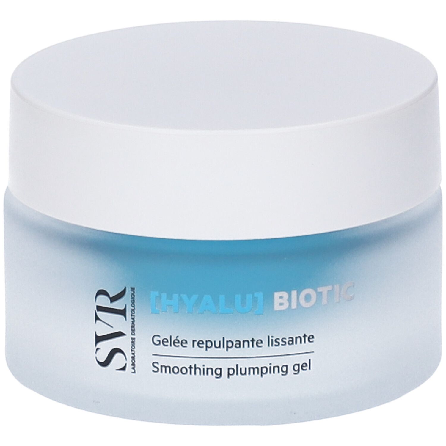 Vasetto blu con coperchio bianco. Scritta: [HYALU] BIOTIC, Smoothing plumping gel. Marchio SVR.