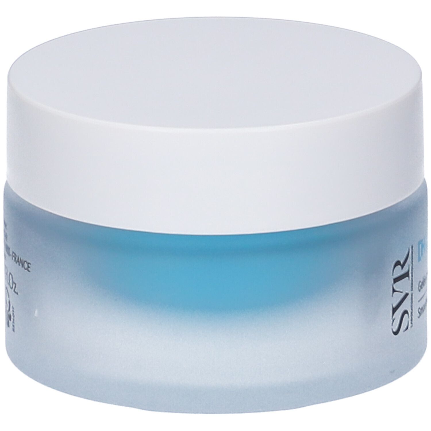 Vasetto blu con coperchio bianco. Scritta: [HYALU] BIOTIC, Smoothing plumping gel. Marchio SVR.