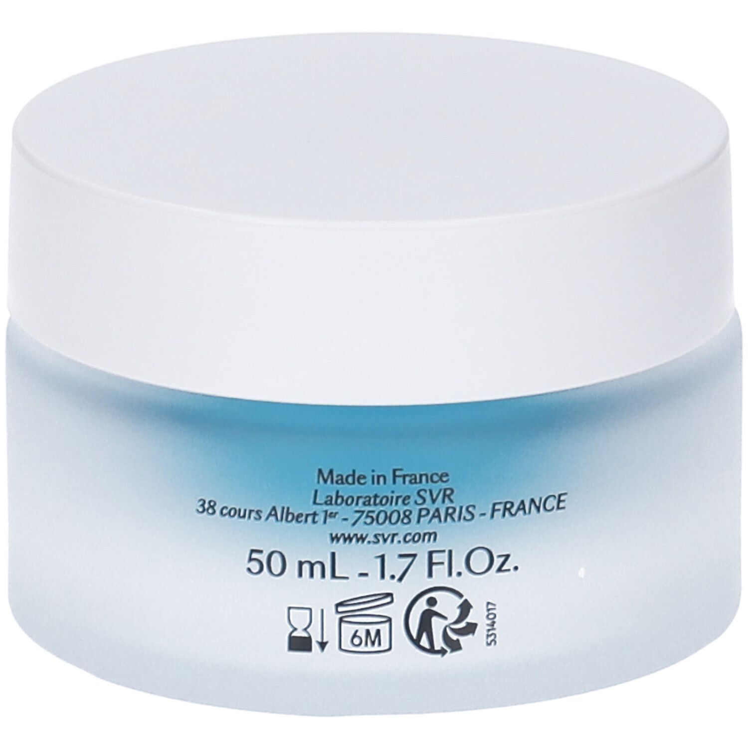 Vasetto blu con coperchio bianco. Scritta: [HYALU] BIOTIC, Smoothing plumping gel. Marchio SVR.