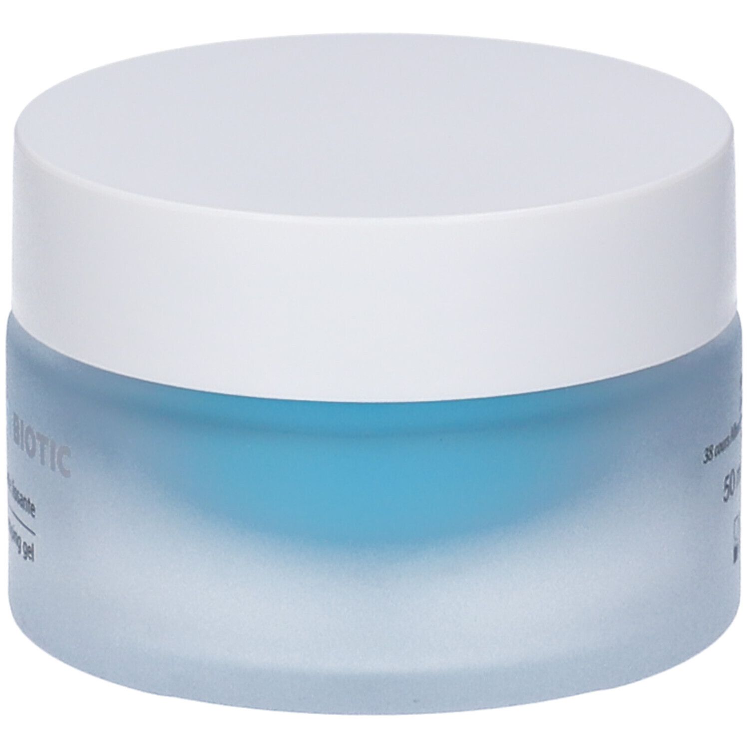 Vasetto blu con coperchio bianco. Scritta: [HYALU] BIOTIC, Smoothing plumping gel. Marchio SVR.