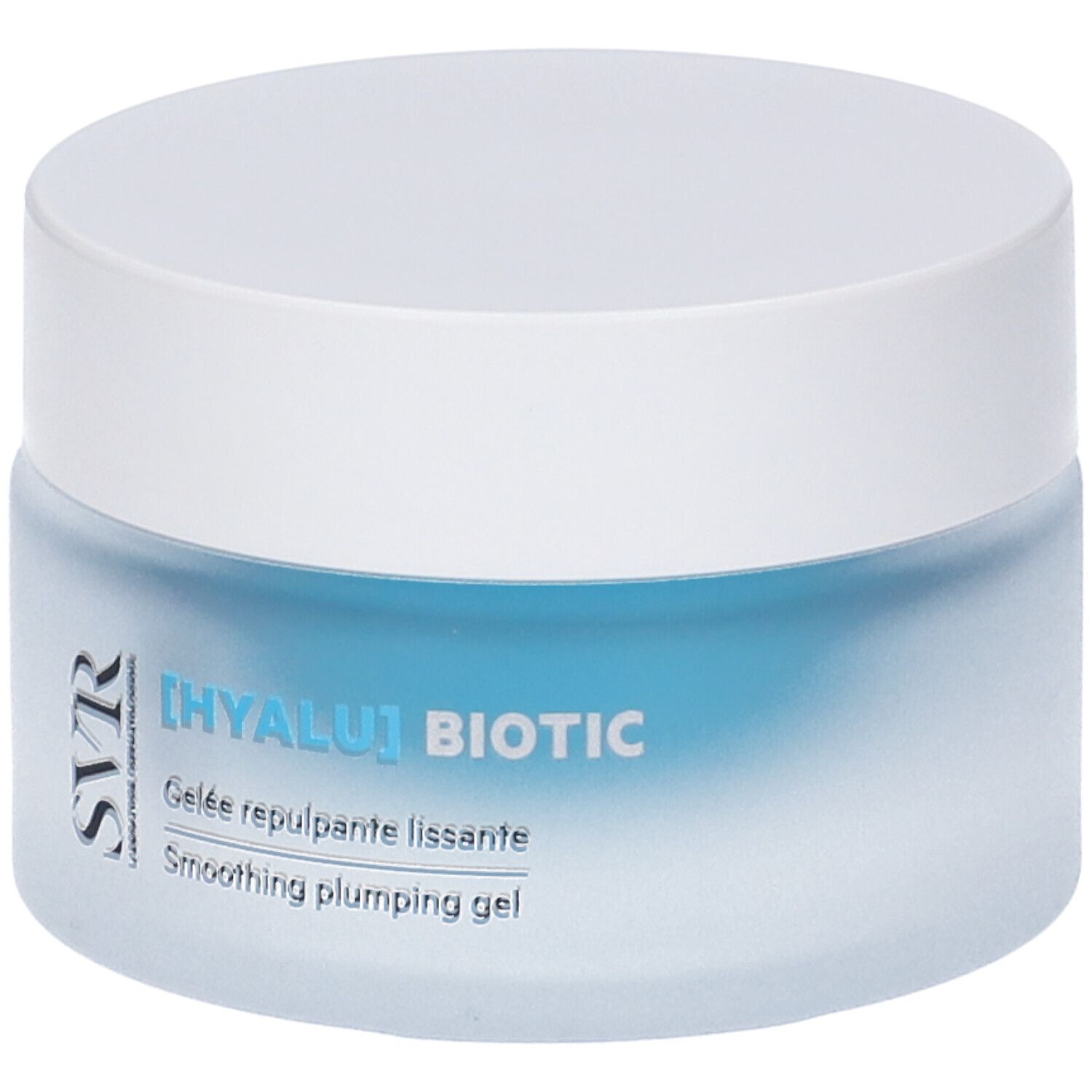 Vasetto blu con coperchio bianco. Scritta: [HYALU] BIOTIC, Smoothing plumping gel. Marchio SVR.
