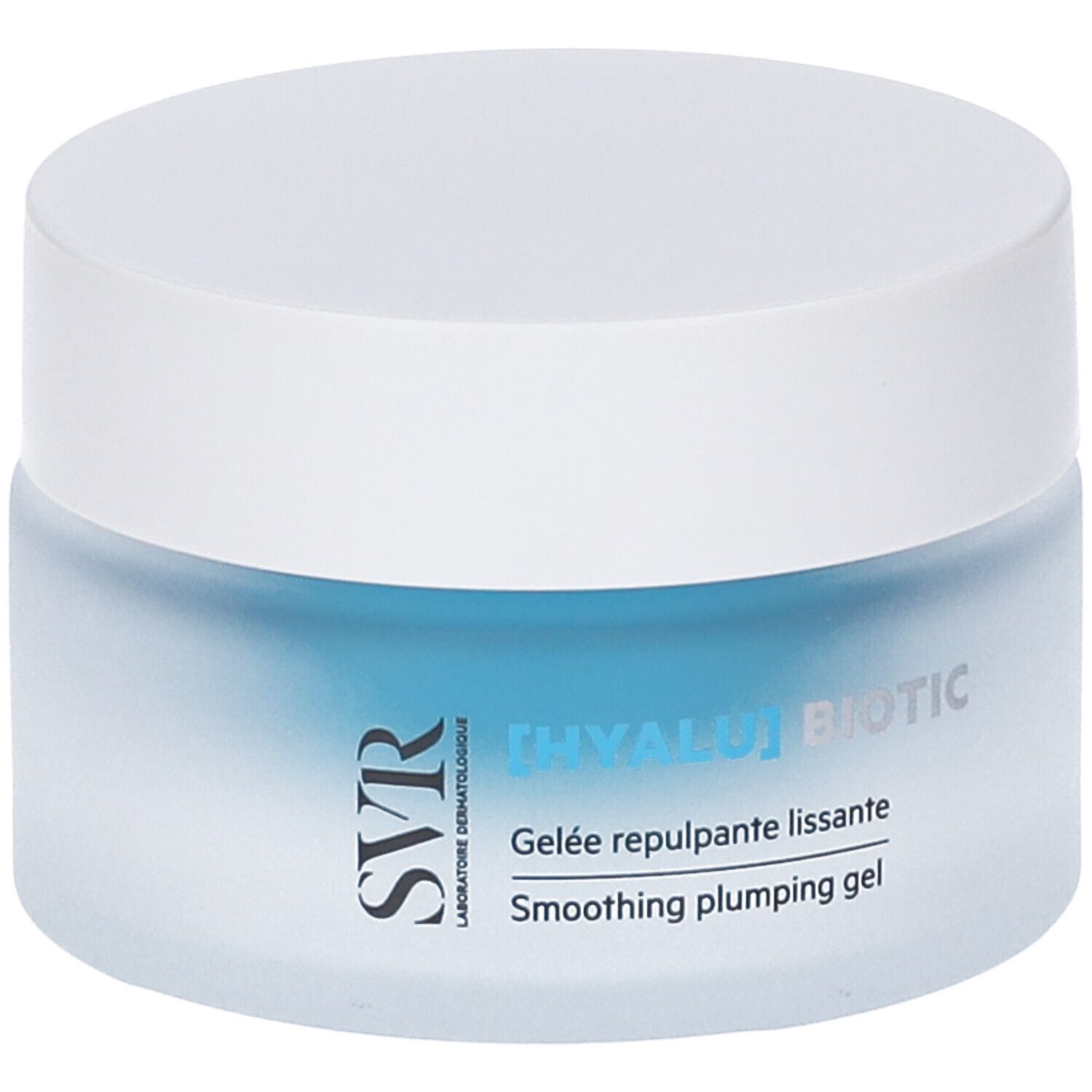 Vasetto blu con coperchio bianco. Scritta: [HYALU] BIOTIC, Smoothing plumping gel. Marchio SVR.