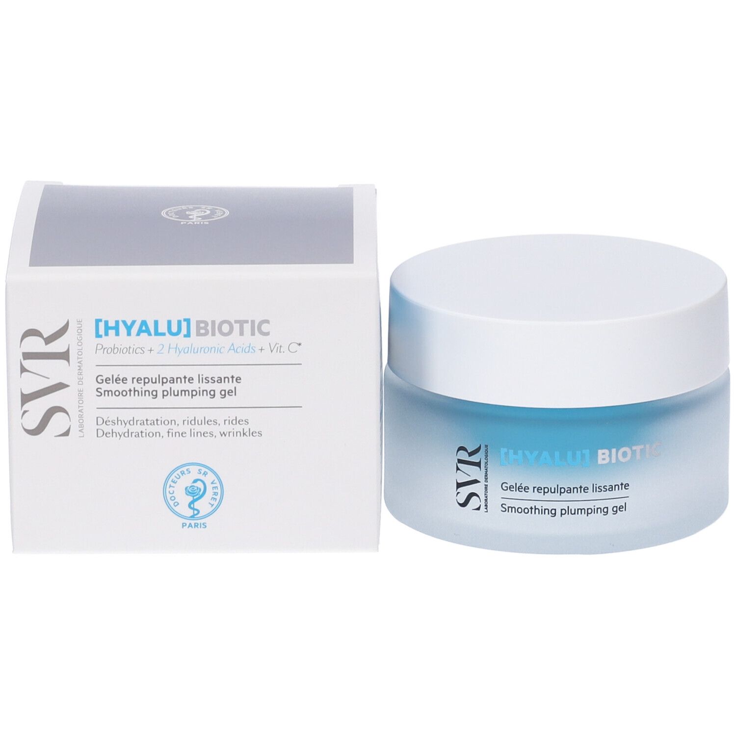 Prodotto e confezione. Vasetto e scatola. Scritta: [HYALU] BIOTIC, Smoothing plumping gel. Marchio SVR.
