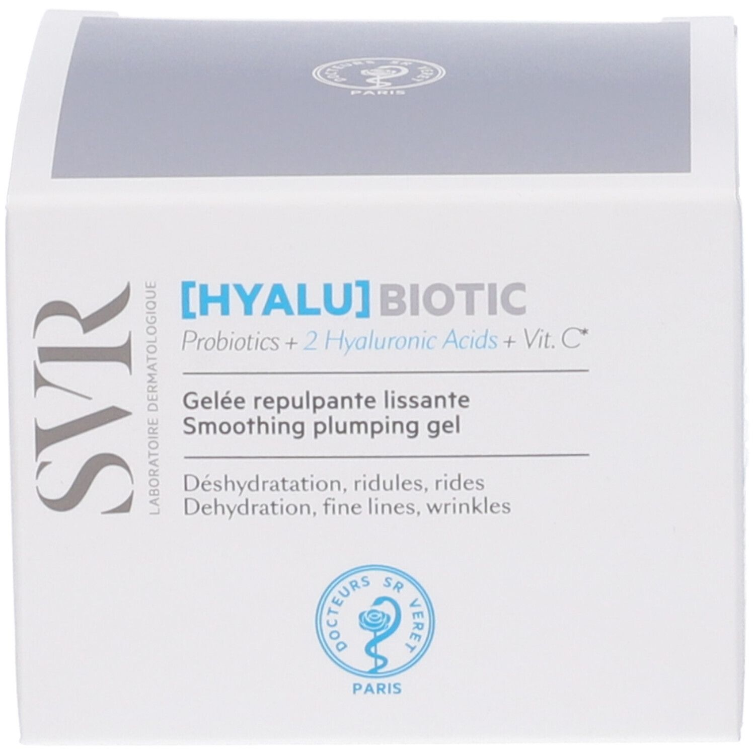 Scatola bianca. Scritta: [HYALU] BIOTIC, Smoothing plumping gel. Marchio SVR. Logo Docteurs SR Veret.