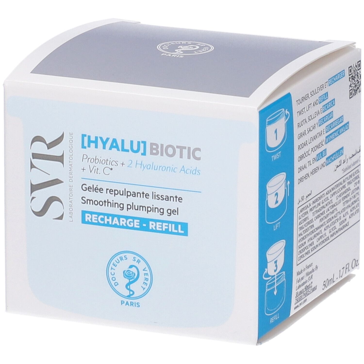 Confezione in cartone di [HYALU] BIOTIC. Testo: Probiotics + 2 Hyaluronic Acids + Vit. C. RECHARGE - REFILL.